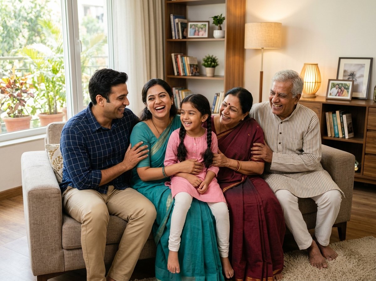 Happy Indian family protected with Prabhune Financials